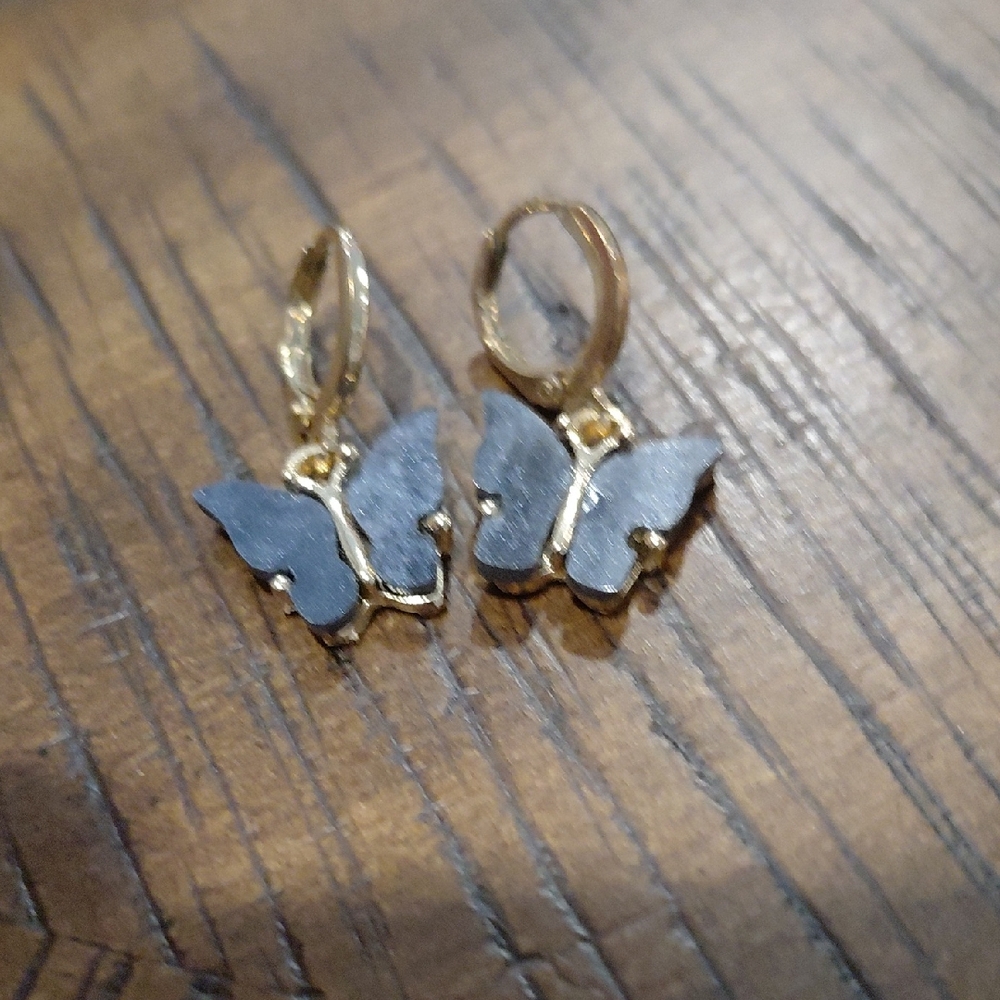Gold Butterfly Drop Earrings with Black Enamel